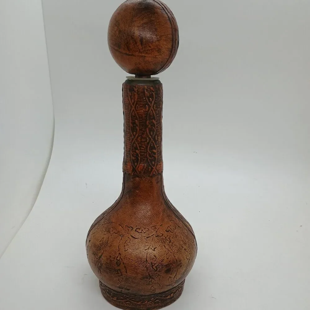 Vintage Italian Brown Leather Covered Decanter w/ Stopper Mid Century EMPTY